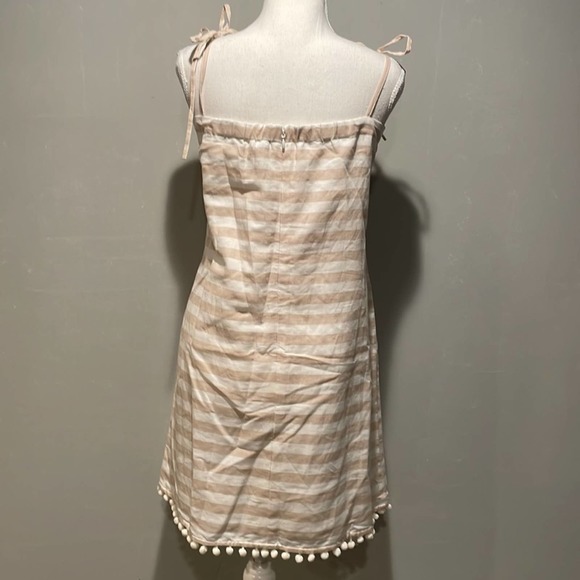 NWOT J Crew Linen Blend Stripe Dress Pom Pom Trim Women’s Size Medium 8-10 Cream - Picture 2 of 3